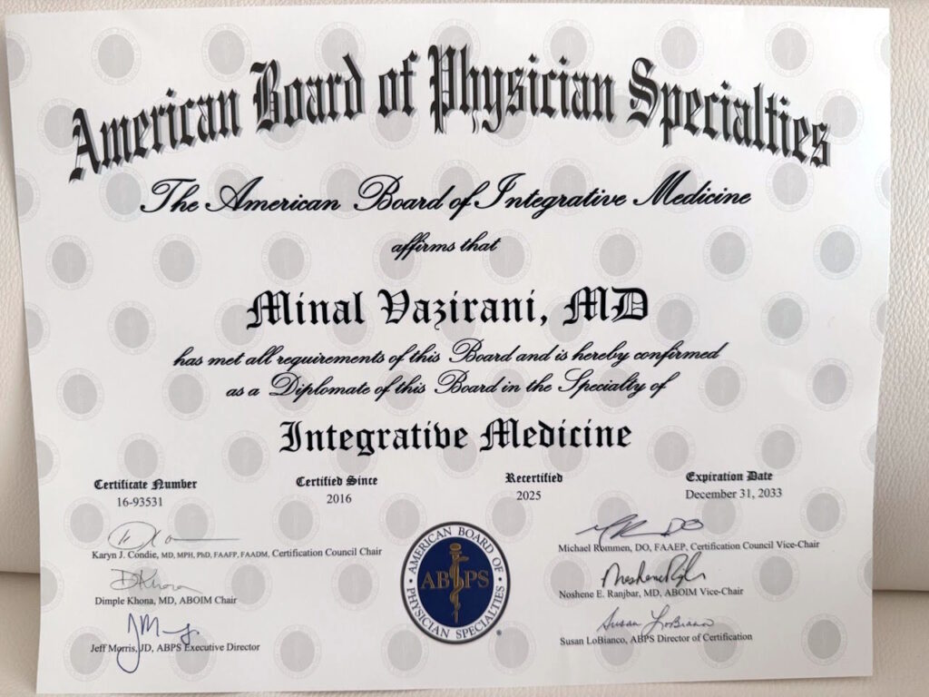 Dr Minal Vazirani Board Certification Certificate